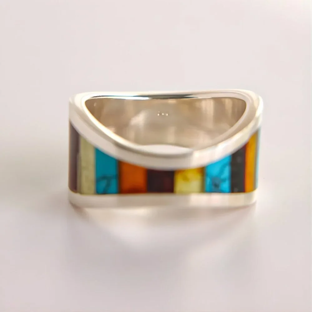 Baltic Amber and Turquoise Mosaic Ring in Sterling Silver